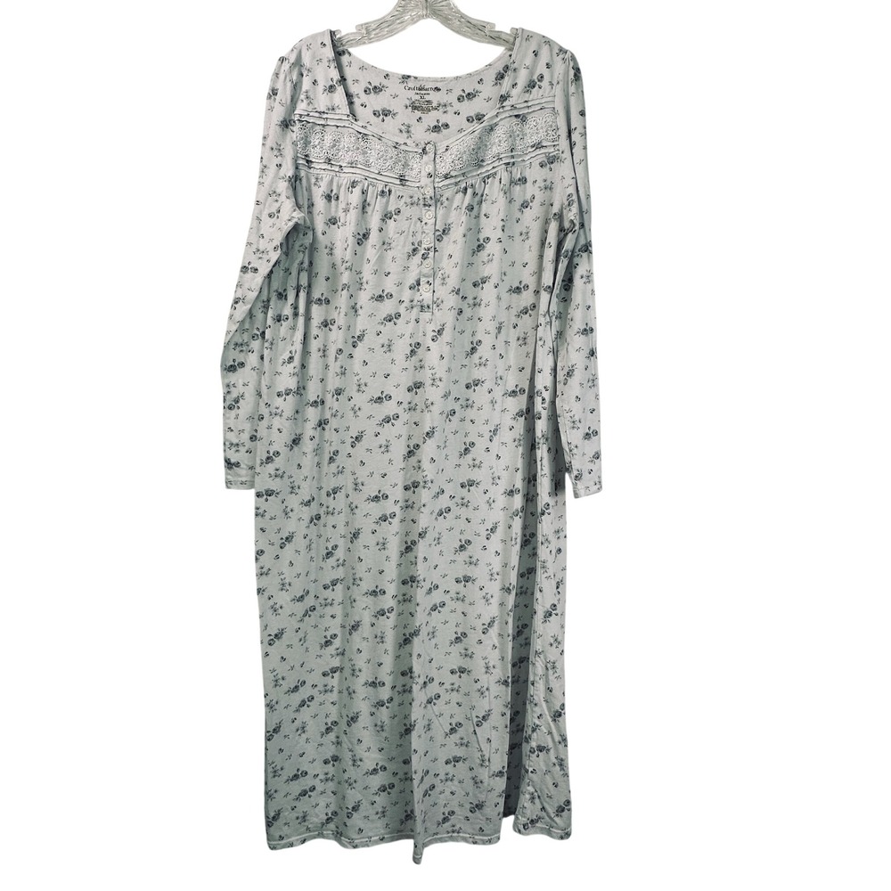 Croft & Barrow Intimates Blue Floral Lace Trim Long Sleeve Nightgown XL